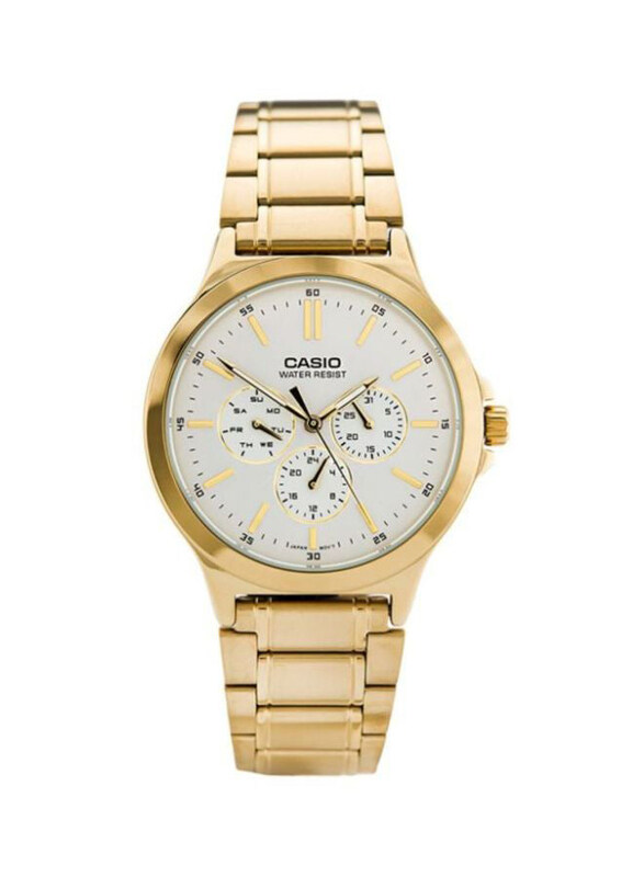 

Casio Enticer Analog Watch for Men with Stainless Steel Band, Water Resistant and Chronograph, MTP-V300G-7AUDF, Gold-White