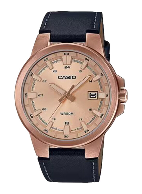 

Casio Enticer Men Analog Watch for Men with Leather Band, Water Resistant, MTP-E173RL-5AVDF, Black-Rose Gold