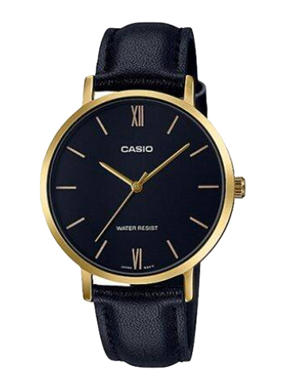 

Casio Enticer Analog Watch for Women with Leather Band, Water Resistant, LTP-VT01GL-1BUDF, Black-Black