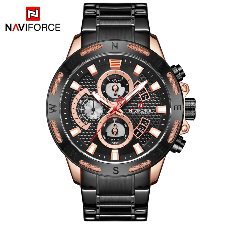 

Naviforce Analog Watch for Men with Stainless Steel Band, Water Resistant and Chronograph, 9165 SW, Black-Black