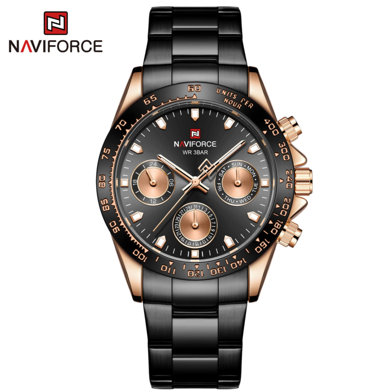 

Naviforce Analog Watch for Men with Stainless Steel Band, Water Resistant and Chronograph, NF9193, Black-Rose Gold