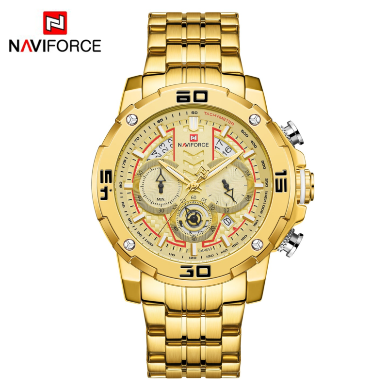 

Navi Force Analog Watch for Men with Stainless Steel Band, Water Resistant and Chronograph, 9175, Gold-Gold