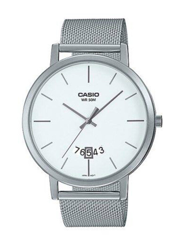 

Casio Enticer Men Analog Watch for Men with Stainless Steel Band, Water Resistant, MTP-B100M-7EVDF, Silver-White