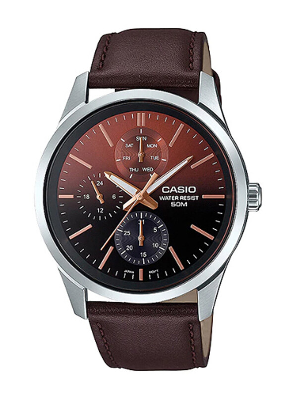 

Casio Enticer Men Analog Watch for Men with Leather Band, Water Resistant and Chronograph, MTP-E330L-5AVDF, Brown-Brown