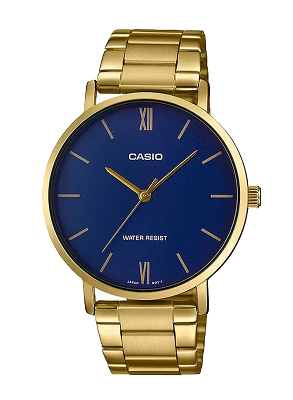 Casio Analog Watch for Men with Stainless Steel Band, Water Resistant, MTP-VT01G-2BUDF, Gold-Blue