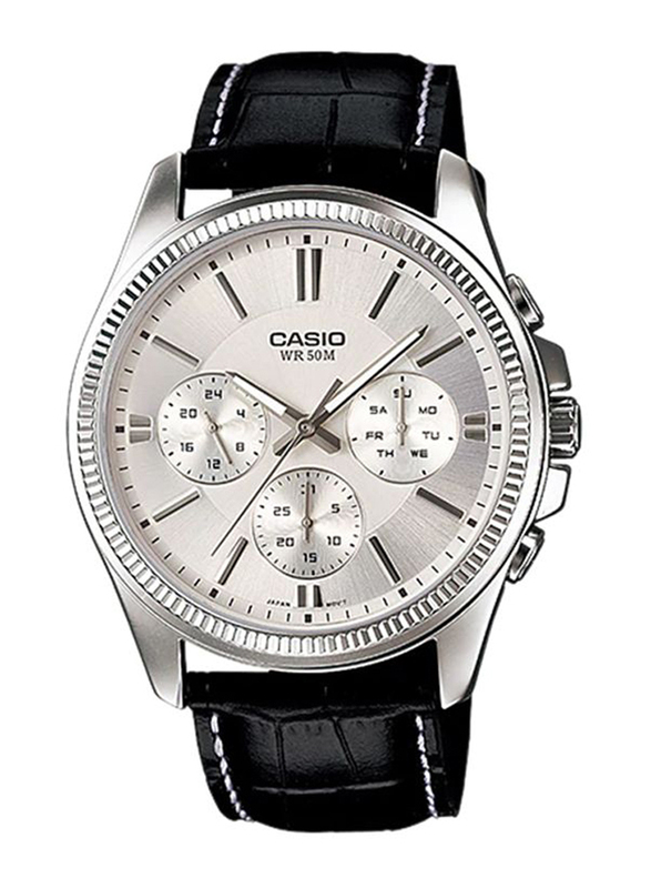 Casio Enticer Analog Watch for Men with Leather Band, Water Resistant and Chronograph, MTP-1375L-7ADF, Black-Silver