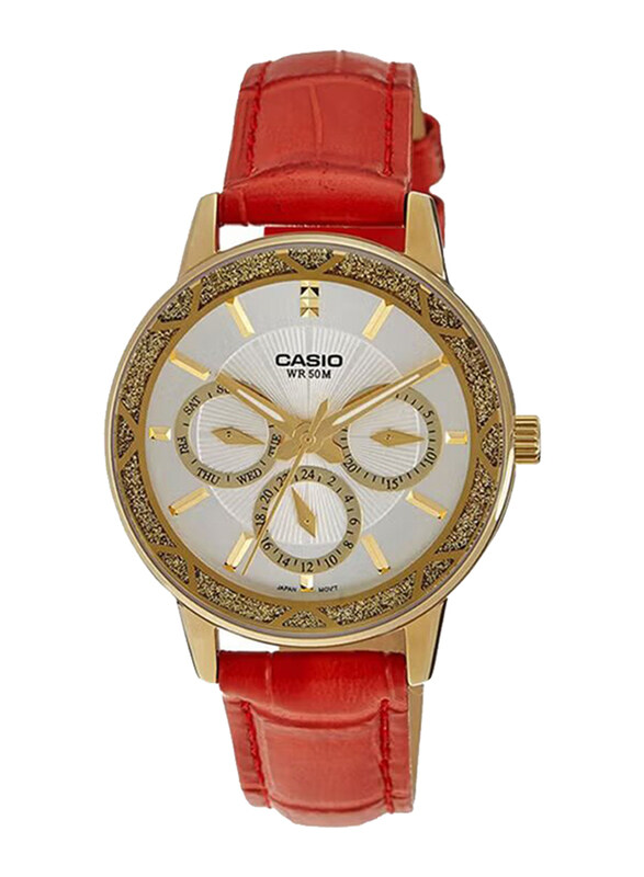 

Casio Enticer Analog Quartz Watch for Women with Leather Genuine Band, Water Resistant and Chronograph, LTP-2087GL-4A, Red/Gold-White