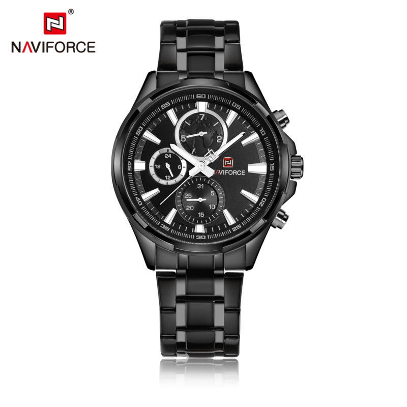 Naviforce Analog Watch for Men with Stainless Steel Band, Water Resistant and Chronograph, NF9089S, Black-Black