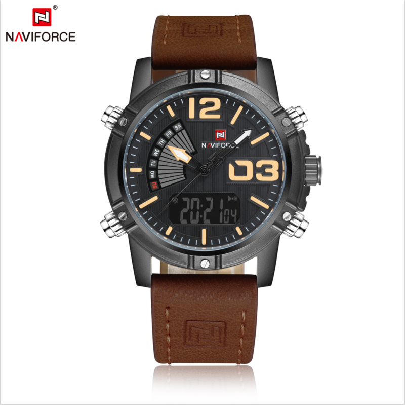 Naviforce Analog/Digital Watch for Men with Leather Band, Water Resistant, NF9095, Brown-Grey