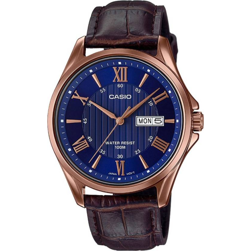 

Casio Enticer Men Analog Watch for Men with Leather Band, Water Resistant, MTP-1384L-2AVDF, Brown-Blue