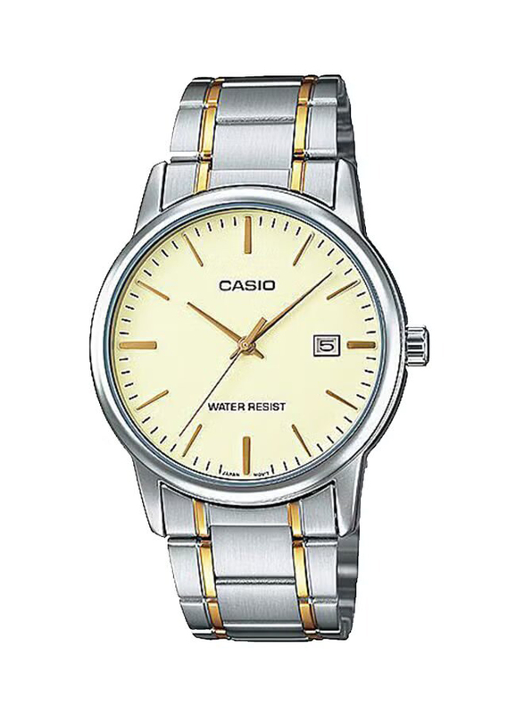 Casio Enticer Analog Quartz Watch for Women with Stainless Steel Band, Water Resistant, LTP-V002SG-9A, Silver-Gold/Yellow