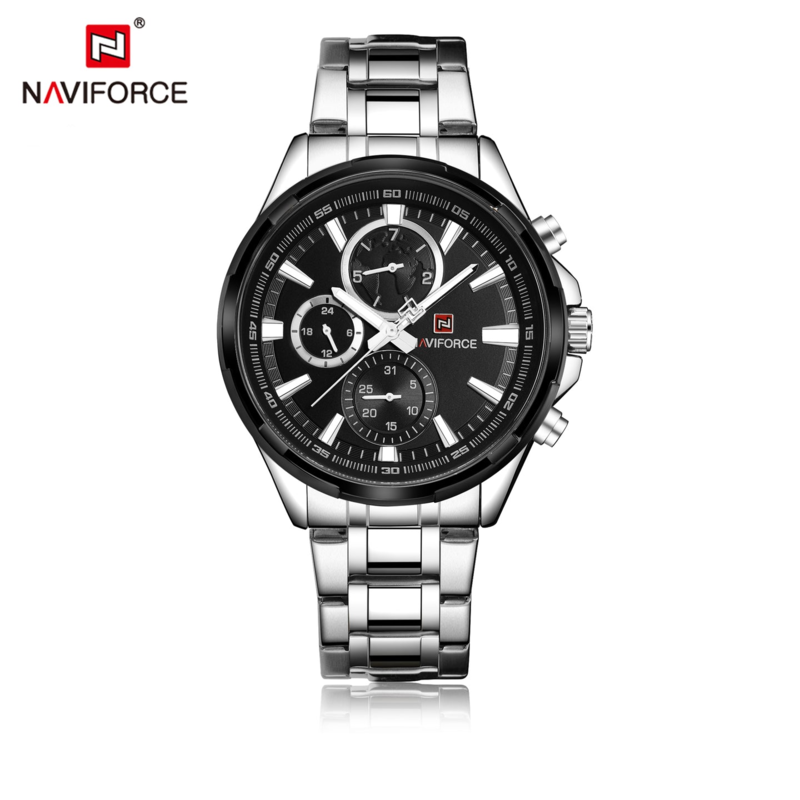 Naviforce Analog Watch for Men with Stainless Steel Band, Water Resistant and Chronograph, NF9089S, Silver-Black