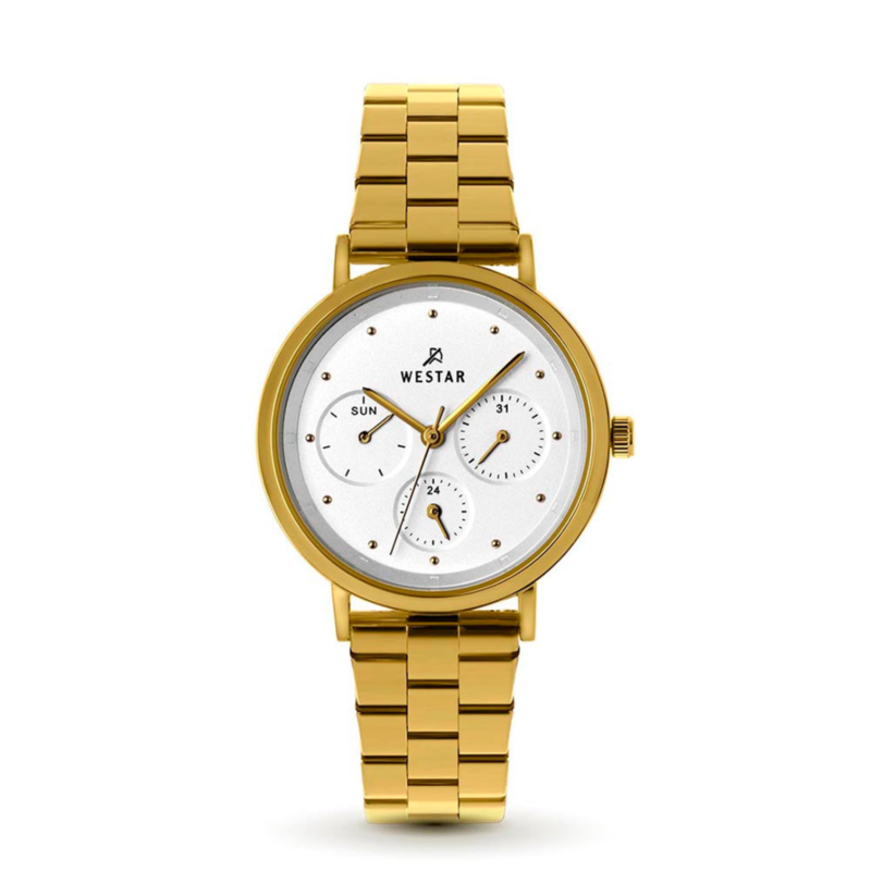 

Westar Analog Watch for Women with Stainless Steel Band, Water Resistant and Chronograph, 00143GPN101, Gold-White