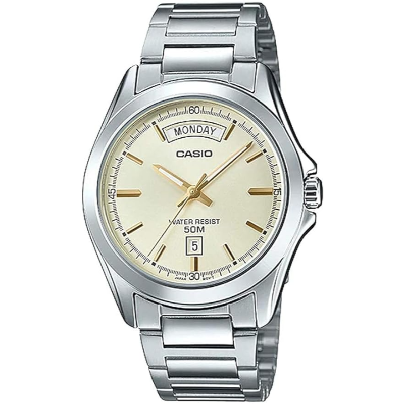 

Casio Enticer Men Analog Watch for Men with Stainless Steel Band, Water Resistant, MTP-1370D-9AVDF, Silver-Gold