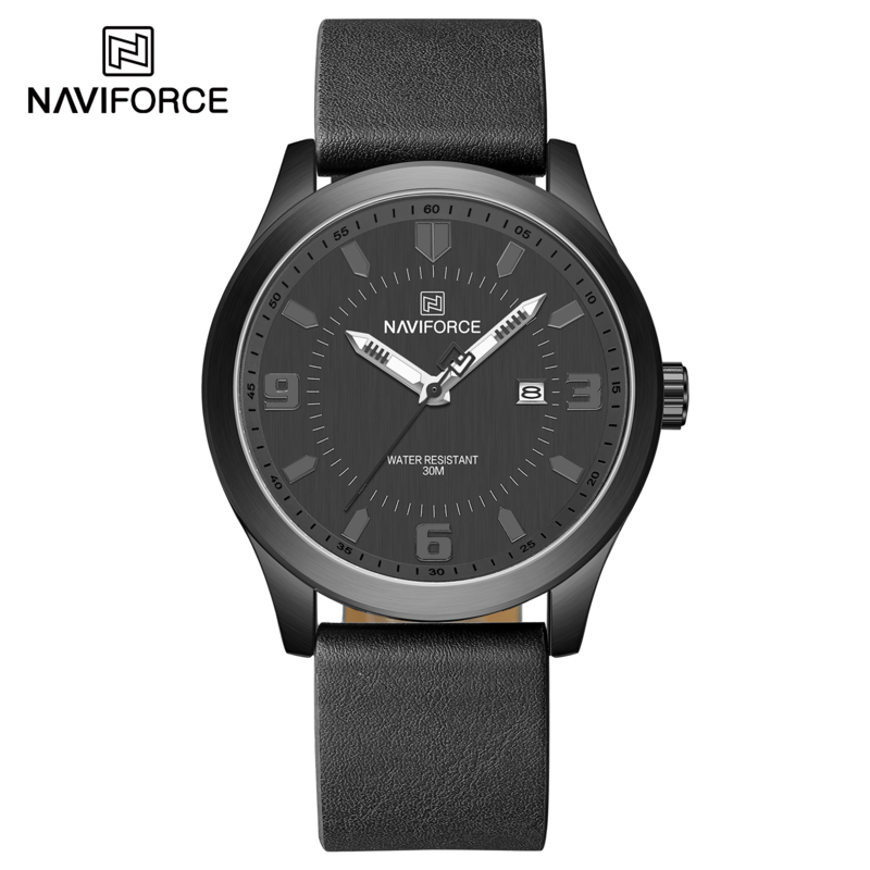 

Navi Force Analog Watch for Men with Leather Band, Water Resistant, NF8024, Black-Black