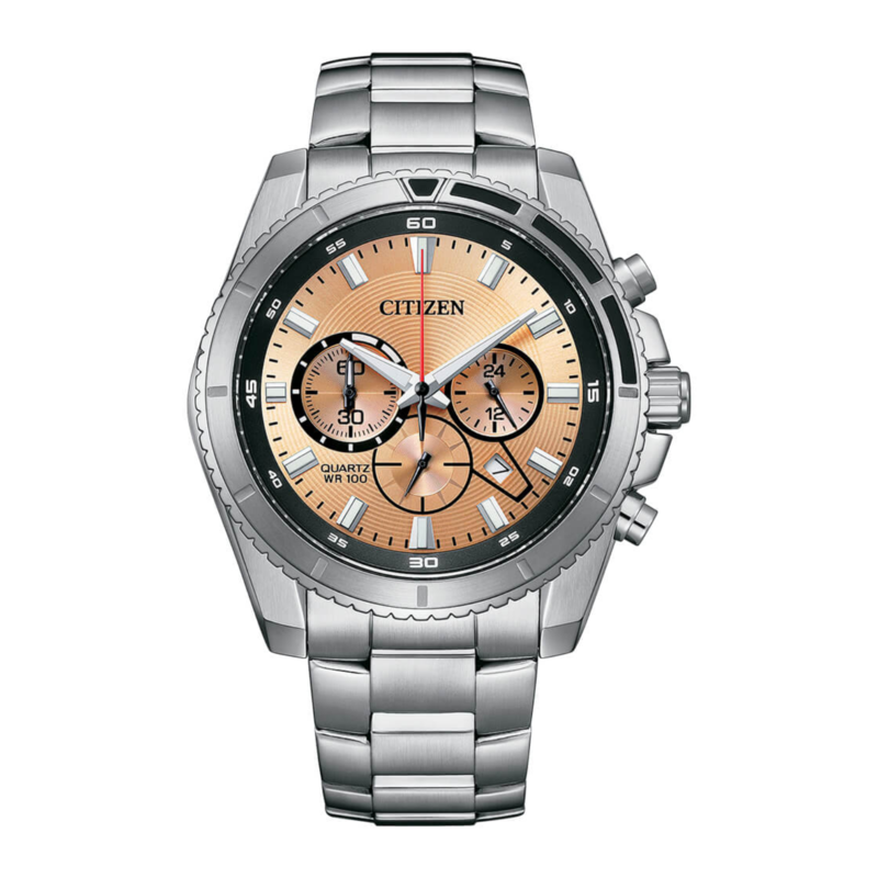 

Citizen Analog Watch for Men with Stainless Steel Band, Water Resistant and Chronograph, AN8200-50X, Silver-Orange