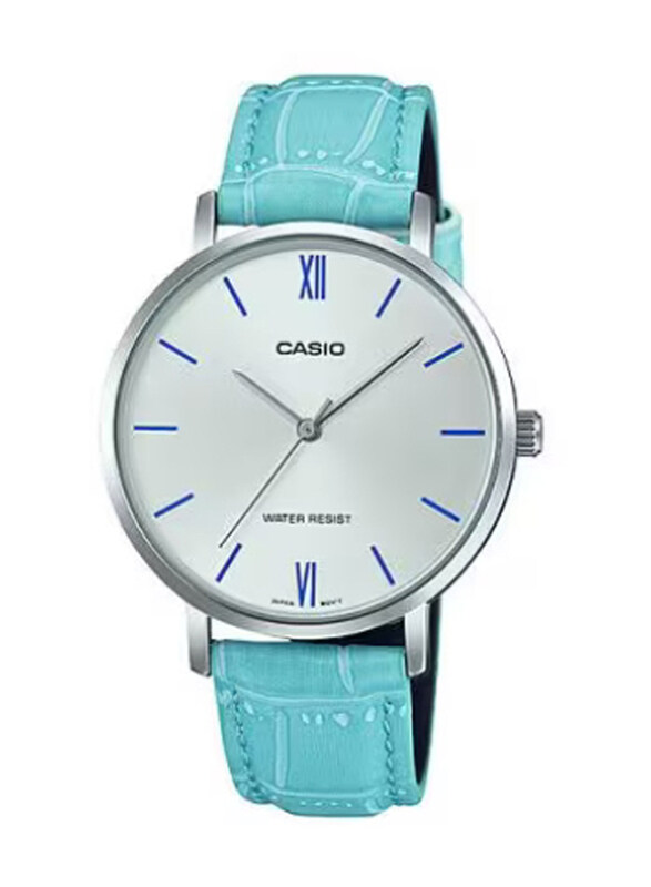 

Casio Enticer Analog Watch for Women with Leather Band, Water Resistant, LTP-VT01L-7B3UDF, Teal-White