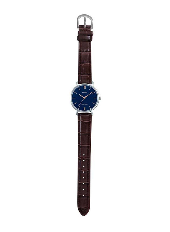 Casio Analog Wrist Watch for Women with Leather Band, Water Resistant, LTP-VT01L-2BUDF, Brown-Blue