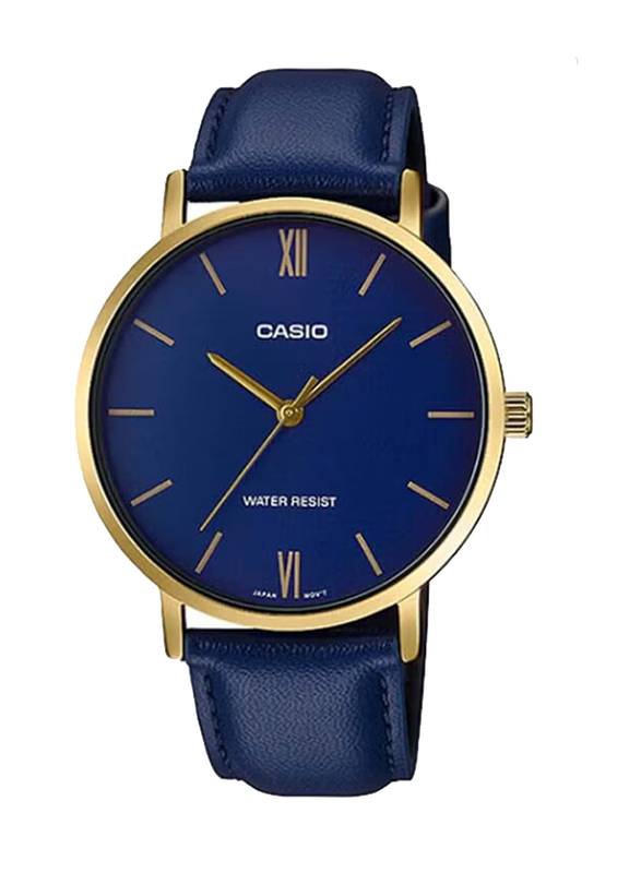 Casio Analog Watch for Men with Leather Band, Water Resistant, MTP-VT01GL-2BUDF, Blue