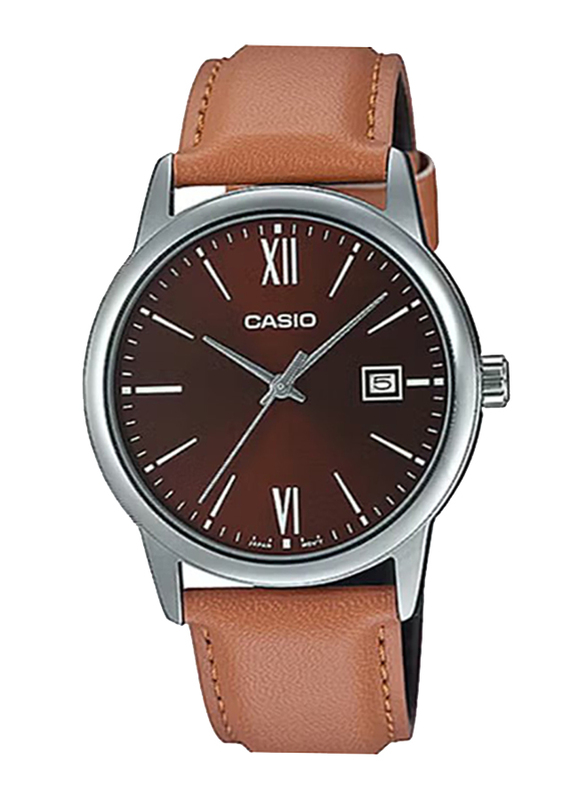 Casio Analog Watch for Men with Leather Band, MTP-V002L-5B3UDF, Brown-Red