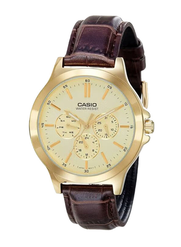 

Casio Analog Watch for Men with Leather Band, Water Resistant, MTP-V300GL-9AUDF, Brown-Gold