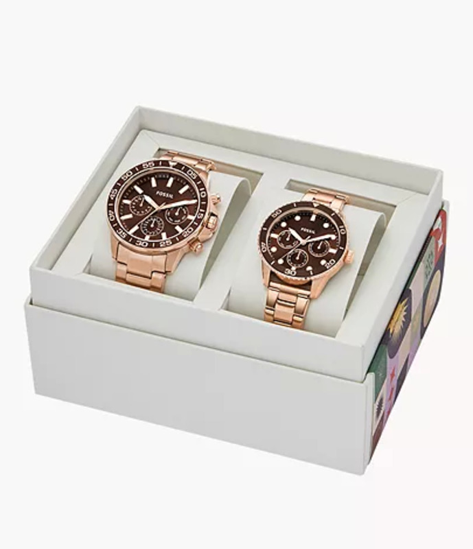 Fossil His and Hers Analog Unisex Couple Watches with Stainless Steel Band, Water Resistant and Chronograph, BQ2827SET, Rose Gold-Brown