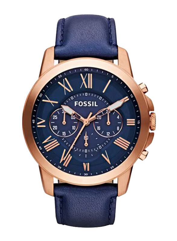 

Fossil Analog Watch for Men with Leather Band, Water Resistant and Chronograph, FS4835, Navy Blue-Gold