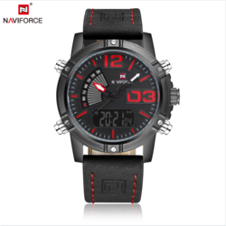 Naviforce Analog/Digital Watch for Men with Leather Band, Water Resistant, NF9095, Black-Black