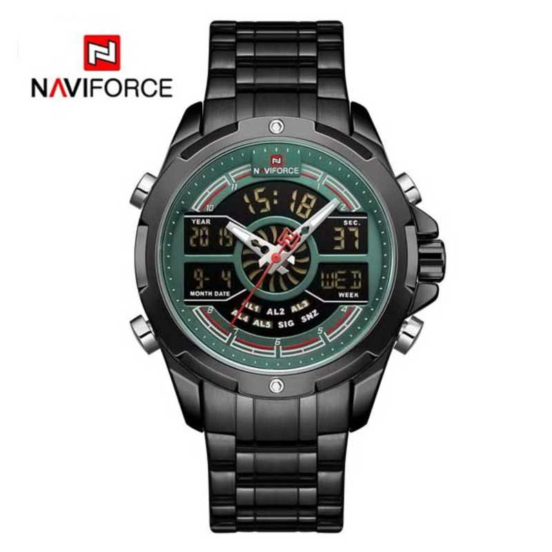 

Naviforce Analog/Digital Watch for Men with Stainless Steel Band, Water Resistant, NF9170, Black-Green