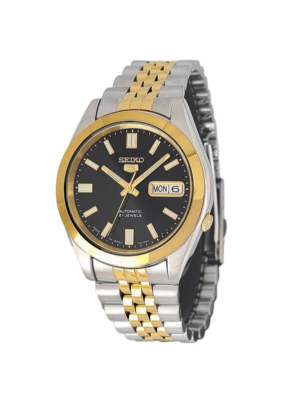 

Seiko Analog Watch for Men with Stainless Steel Band, Water Resistant, SNKF96J, Silver/Gold-Black