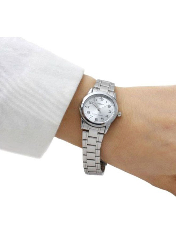 Casio Dress Timepiece Analog Watch for Women with Stainless Steel Band, Water Resistant, LTP-V001D-7B, Silver-White