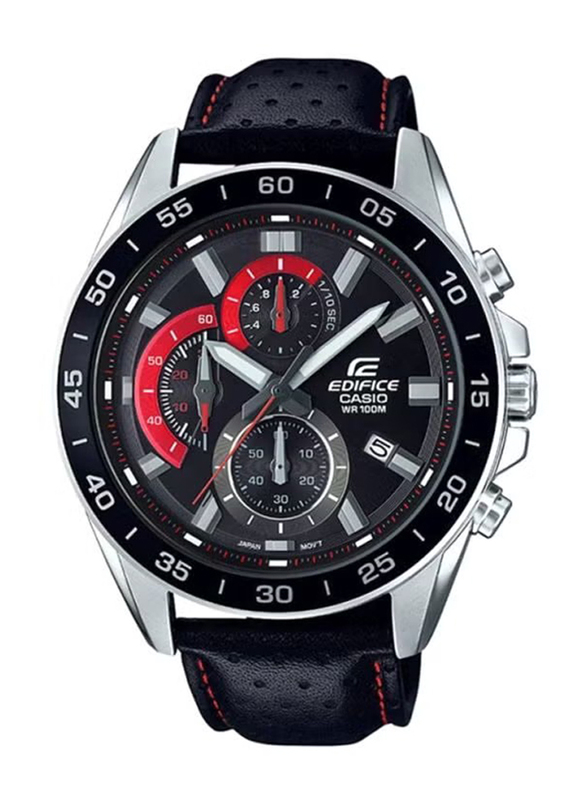 Casio Edifice Analog Watch for Men with Leather Band, Water Resistant and Chronograph, EFV-550L-1AVUDF, Black-Black/Red