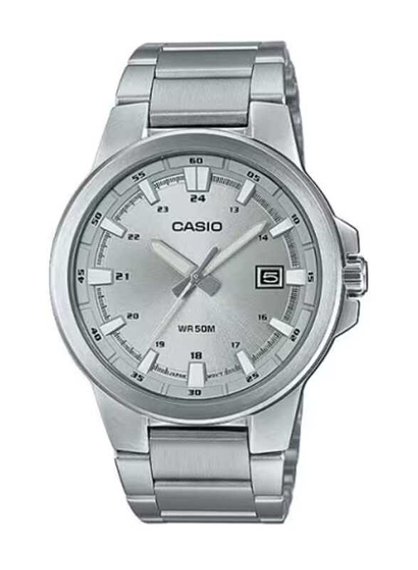 

Casio Enticer Men Analog Watch for Men with Stainless Steel Band, Water Resistant, MTP-E173D-7AVDF, Silver-Silver