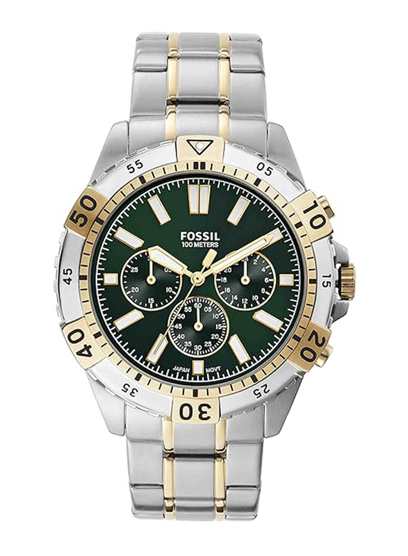 Fossil Analog Watch for Men with Stainless Steel Band, Water Resistant and Chronograph, FS5622, Green-Silver