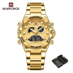 Naviforce Analog/Digital Watch for Men with Stainless Steel Band, Water Resistant, NF9207, Gold-Gold