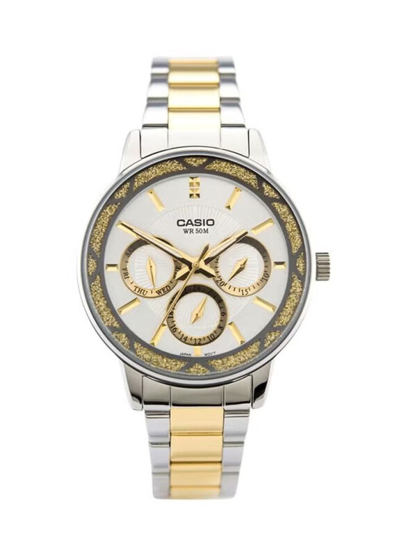 

Casio Enticer Analog Watch for Women with Stainless Steel Band, Water Resistant, LTP-2087SG-7AV, Silver/Gold-White/Gold