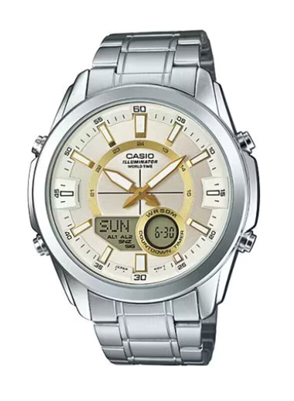 

Casio Enticer Analog/Digital Watch for Men with Stainless Steel Band, Water Resistant, AMW-810D-9AV, Silver-Gold