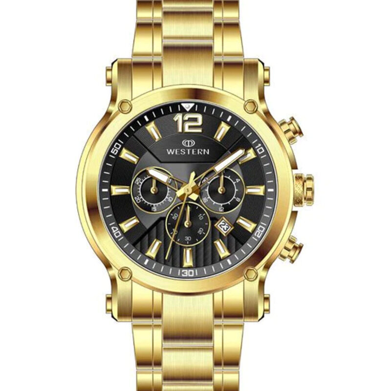 

Western Analog Watch for Men with Stainless Steel Band, Water Resistant and Chronograph, W8837GGP070C, Gold-Black