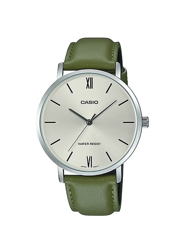 Casio Analog Quartz Wrist Watch for Men with Leather Band, Water Resistant, MTP-VT01L-3BUDF, Green-Silver