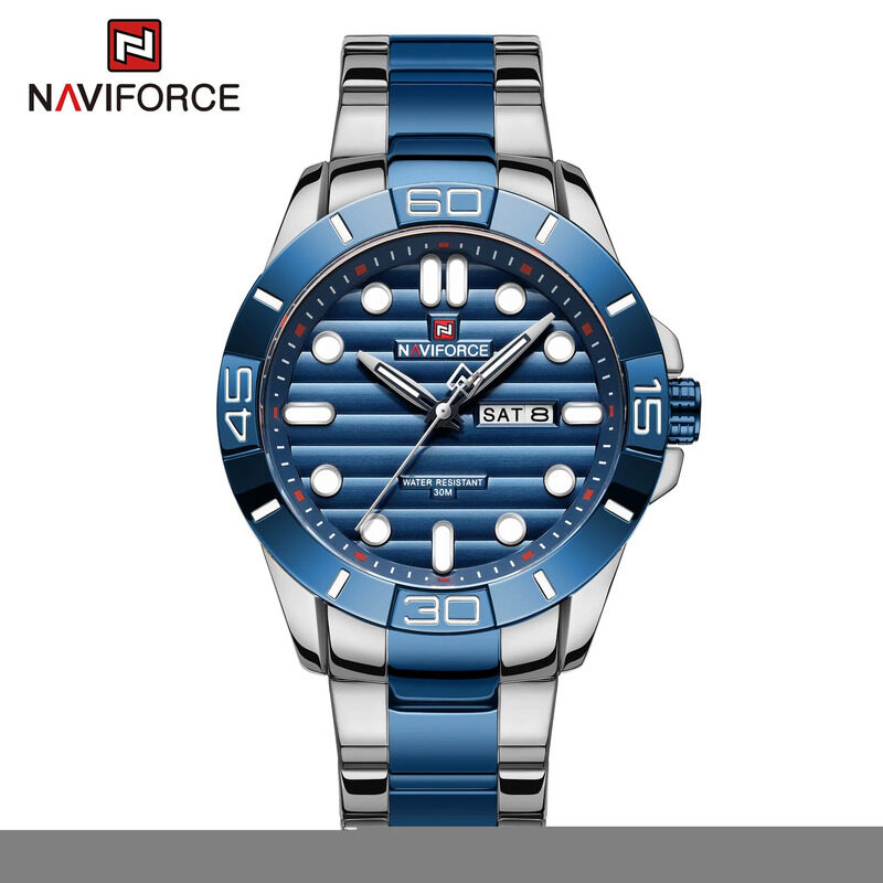 

Naviforce Analog Watch for Men with Stainless Steel Band, Water Resistant, NF9198, Silver-Blue