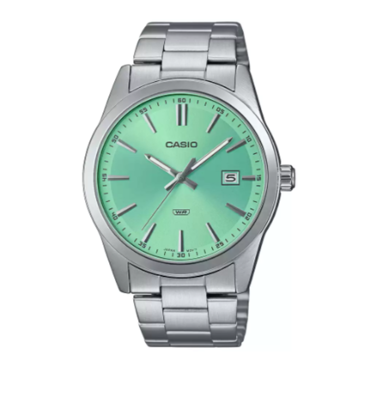 

Casio Enticer Analog Watch for Men with Stainless Steel Band, Water Resistant, MTP-VD03D-3A2UDF, Silver-Green