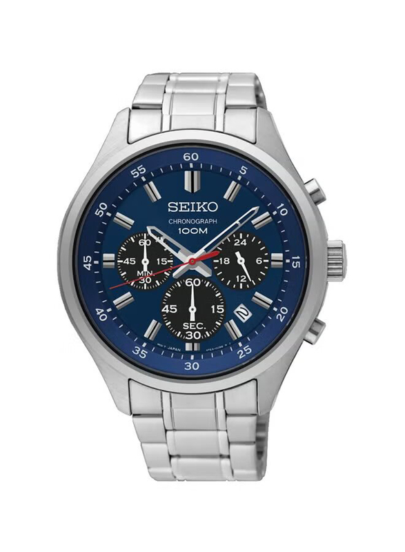 

Seiko Analog Watch for Men with Stainless Steel Band, Water Resistant and Chronograph, SKS585P1, Silver-Blue