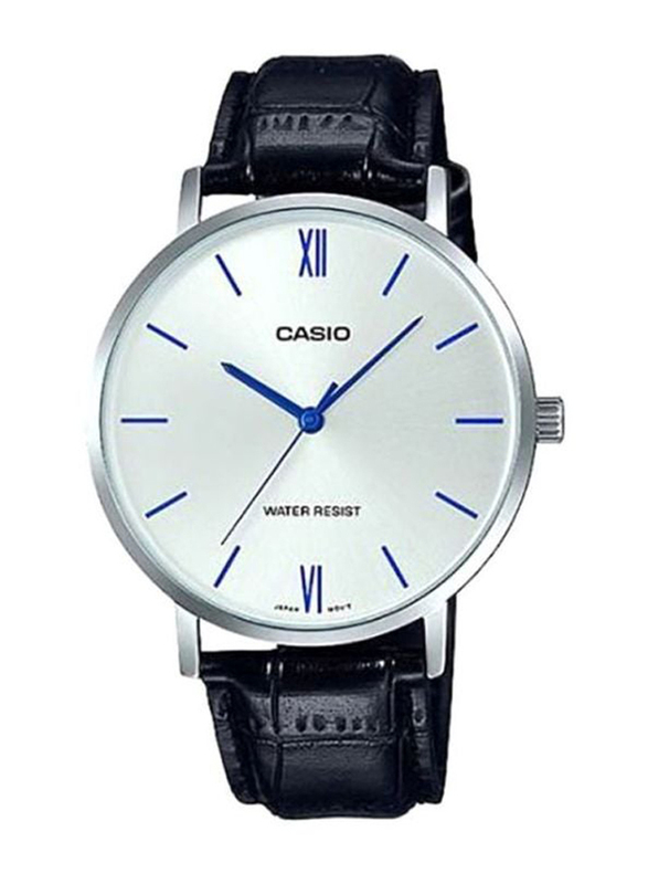 Casio Enticer Analog Watch for Men with Leather Band, Water Resistant, MTP-VT01L-7B1UDF, Black-White