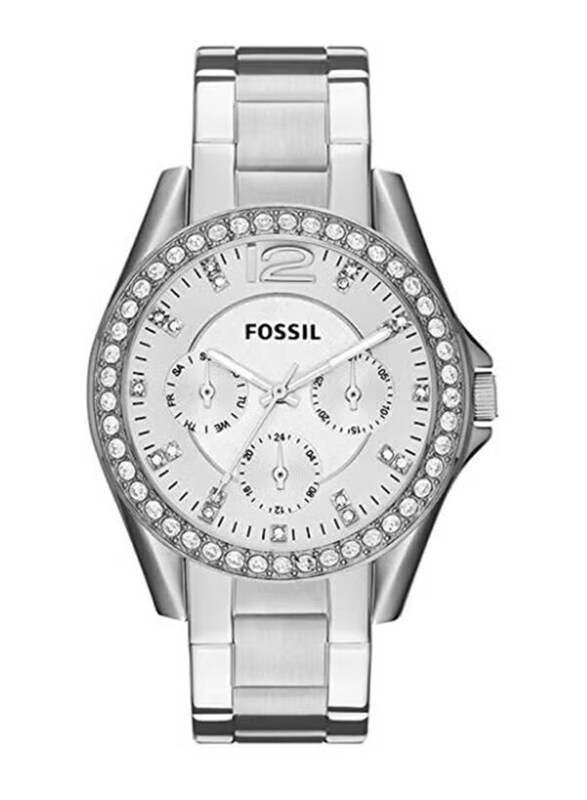 

Fossil Riley Analog Watch for Women with Stainless Steel Band, Water Resistant and Chronograph, ES3202, Silver-White