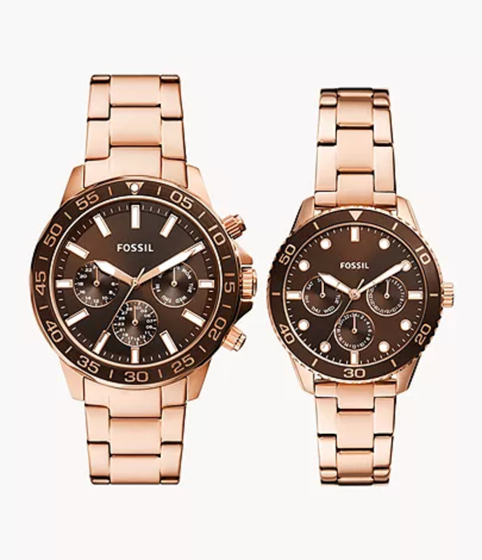 Fossil His and Hers Analog Unisex Couple Watches with Stainless Steel Band, Water Resistant and Chronograph, BQ2827SET, Rose Gold-Brown