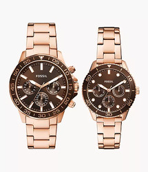 Fossil His and Hers Analog Unisex Couple Watches with Stainless Steel Band, Water Resistant and Chronograph, BQ2827SET, Rose Gold-Brown