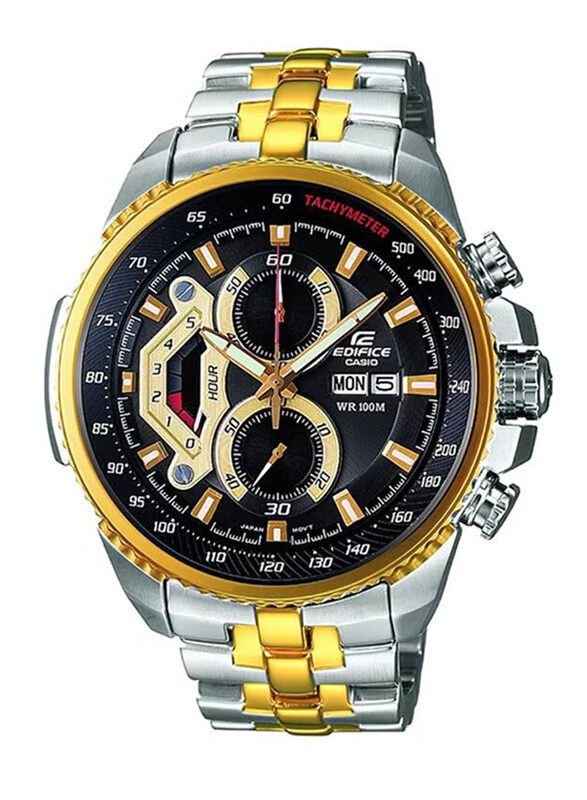 

Casio Edifice Analog Wrist Watch for Men with Stainless Steel Band, Water Resistant and Tachymeter Chronograph, EF558SG-1A, Gold-Silver/Black