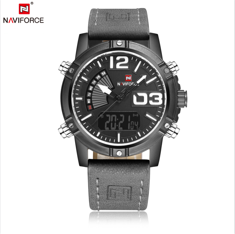 Naviforce Analog/Digital Watch for Men with Leather Band, Water Resistant, NF9095, Grey-Grey