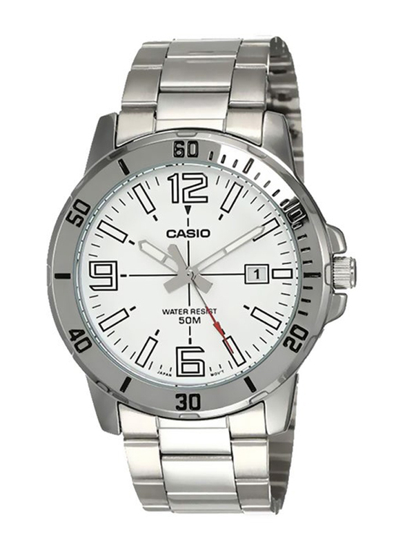 Casio Enticer Analog Watch for Men with Stainless Steel Band, Water Resistant, MTP-VD01D-7BVUDF, Silver-White