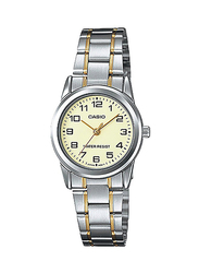 Casio Dress Analog Watch for Women with Stainless Steel Band, Water Resistant, LTP-V001SG-9B, Silver/Gold-Beige